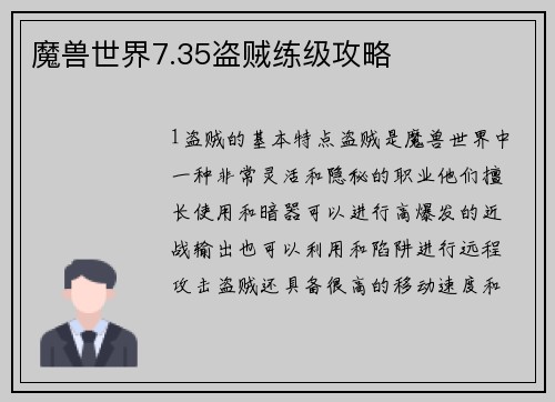 魔兽世界7.35盗贼练级攻略