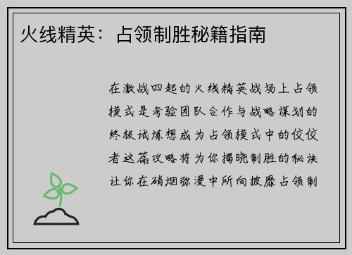 火线精英：占领制胜秘籍指南